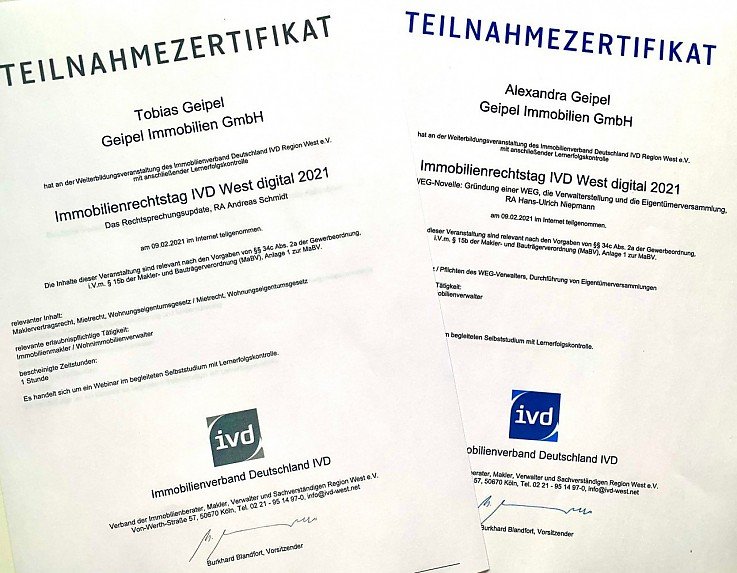 Foto <span style="color: rgb(82, 82, 82); font-family: "Open Sans", sans-serif; font-style: normal; font-variant-ligatures: normal; font-variant-caps: normal; font-weight: 400; letter-spacing: 0.5px;">Am digitalen Immobilienrechtstag des IVD West haben mit Erfolg </span><span style="font-weight: bolder; color: rgb(82, 82, 82); font-family: "Open Sans", sans-serif; font-style: normal; font-variant-ligatures: normal; font-variant-caps: normal; letter-spacing: 0.5px;">Alexandra & Tobias Geipel</span><span style="color: rgb(82, 82, 82); font-family: "Open Sans", sans-serif; font-style: normal; font-variant-ligatures: normal; font-variant-caps: normal; font-weight: 400; letter-spacing: 0.5px;"> teilgenommen. Die Best�tigung der Teilnahme erfolgte �ber digital mit einer zu absolvierenden Lernerfolgskontrolle.</span>
