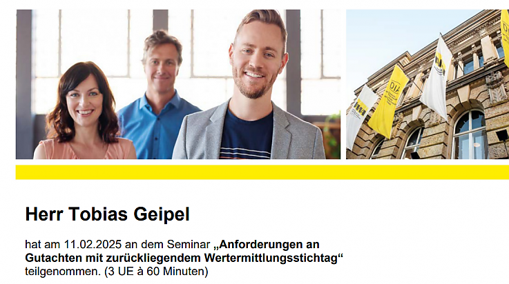 Foto Erfahren Sie in unserem aktuellen Blogartikel, wie die präzise Wertermittlung einer Immobilie mit rückliegendem Stichtag gelingt. Tobias Geipel berichtet von einem Fachseminar, das essentielle rechtliche und methodische Aspekte abdeckt. Ob bei Erbschaften, Scheidungen oder steuerlichen Bewertungen – manchmal ist der Immobilienwert zu einem bestimmten Zeitpunkt in der Vergangenheit entscheidend. Diskutieren Sie mit uns die Herausforderungen der rückblickenden Bewertung und lernen Sie praxisnahe Lösungen kennen, um rechtssichere und nachvollziehbare Ergebnisse zu erzielen. Foto Erfahren Sie in unserem aktuellen Blogartikel, wie die präzise Wertermittlung einer Immobilie mit rückliegendem Stichtag gelingt. Tobias Geipel berichtet von einem Fachseminar, das essentielle rechtliche und methodische Aspekte abdeckt. Ob bei Erbschaften, Scheidungen oder steuerlichen Bewertungen – manchmal ist der Immobilienwert zu einem bestimmten Zeitpunkt in der Vergangenheit entscheidend. Diskutieren Sie mit uns die Herausforderungen der rückblickenden Bewertung und lernen Sie praxisnahe Lösungen kennen, um rechtssichere und nachvollziehbare Ergebnisse zu erzielen.