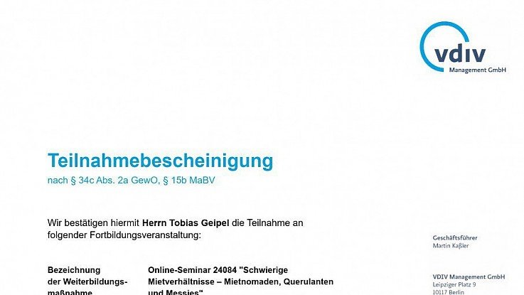 Fortbildung f�r Hausverwalter: Seminar zu Schwierigen Mietverh�ltnissen