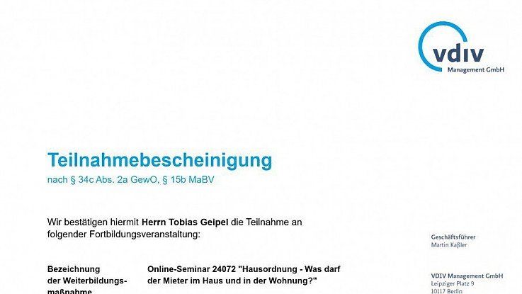 Foto <span style="color: rgb(13, 13, 13); font-family: ui-sans-serif, -apple-system, system-ui, "Segoe UI", Roboto, Ubuntu, Cantarell, "Noto Sans", sans-serif, Helvetica, "Apple Color Emoji", Arial, "Segoe UI Emoji", "Segoe UI Symbol"; font-style: normal; font-variant-ligatures: normal; font-variant-caps: normal; font-weight: 400; white-space-collapse: preserve;">Kontinuierliche Weiterbildung ist in der Hausverwaltung unerl�sslich. Herr Tobias Geipel hat am Online-Seminar �Hausordnung � Was darf der Mieter im Haus und in der Wohnung?� teilgenommen. Aus dem Inhalt: Rechtliche Grundlagen, Nutzungsregelungen, aktuelle Rechtsprechung und den Umgang mit Verst��en.</span>